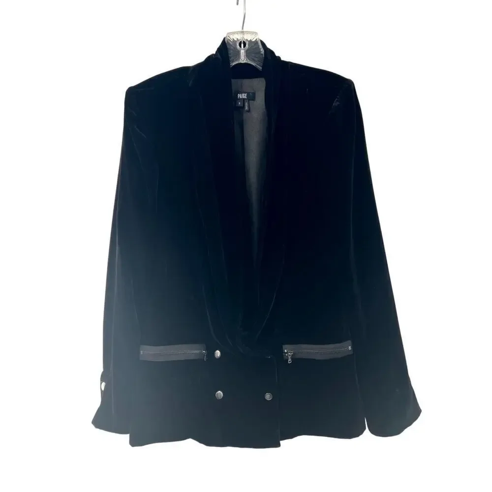 Paige Women's Black Solid Velvet Double Breasted Snap Front Jacket Small